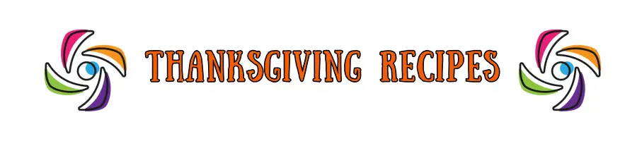 THANKSGIVING RECIPES in bold orange letters, decorated with two colorful swirl designs on each side, set against a white background.