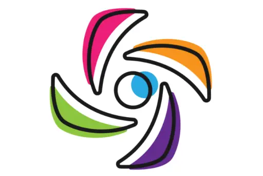 A stylized swirl design with five curved shapes in pink, orange, purple, green, and blue, surrounding a small blue circle on a white background.