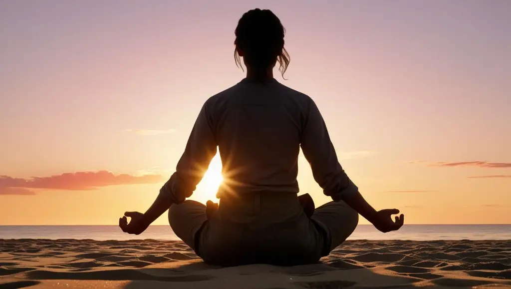 Silhouette of a zen person on a beach cross legged in the sunset,