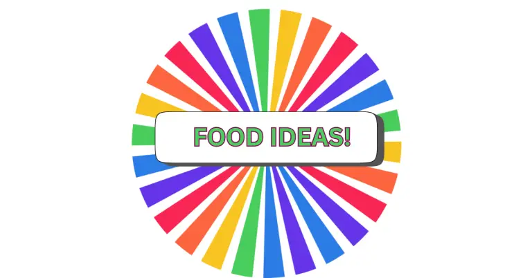 A colorful circular burst pattern with alternating red, orange, yellow, green, blue, and purple rays creates a fun spin food vibe, featuring a white rectangle in the center with the text FOOD IDEAS! in green letters.