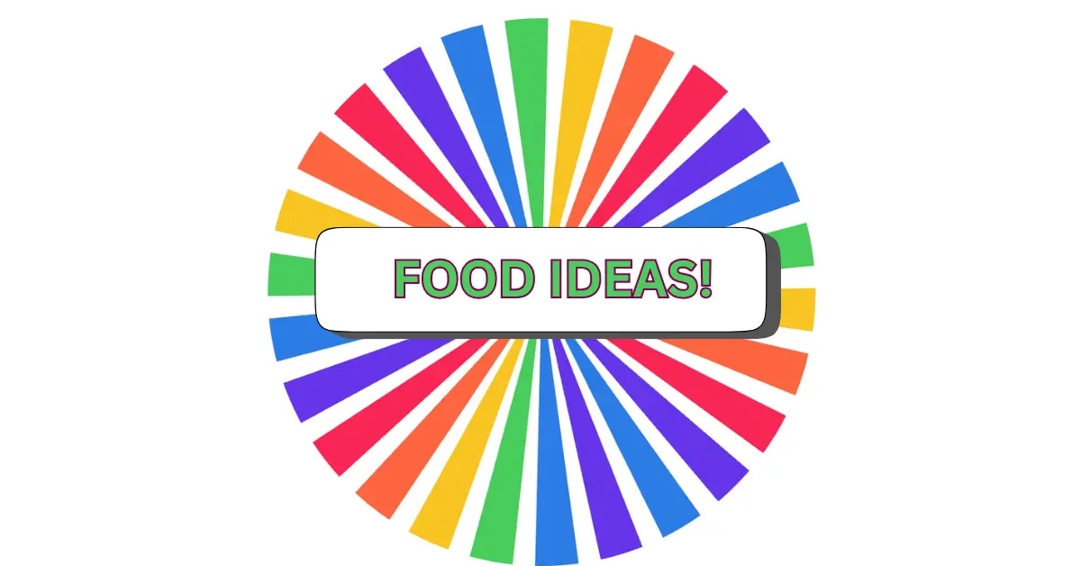 A colorful circular burst pattern with alternating red, orange, yellow, green, blue, and purple rays creates a fun spin food vibe, featuring a white rectangle in the center with the text FOOD IDEAS! in green letters.