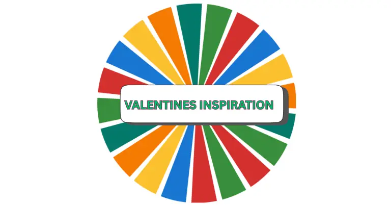 A colorful spinning wheel with alternating blue, yellow, red, and green segments, and a white rectangle in the center displaying the text VALENTINES INSPIRATION in green letters.