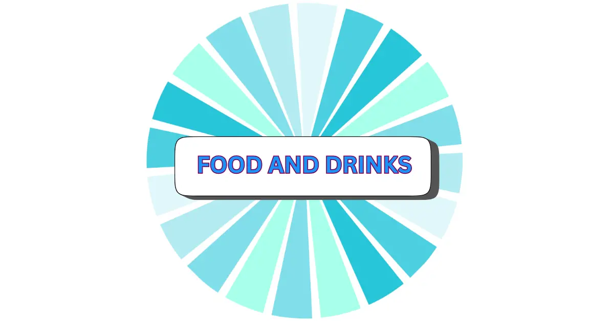A circular graphic with alternating light and dark blue segments, featuring a white rectangle in the center with the words FOOD AND DRINKS in bold blue letters, evoking the spirit of TRAVEL AND ADVENTURE.