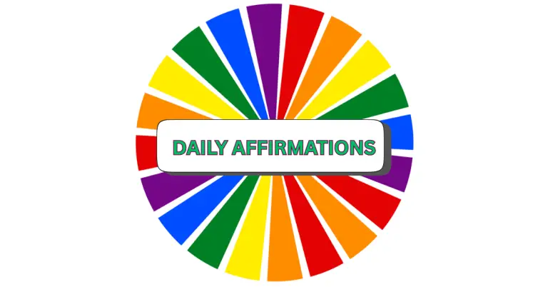 A colorful affirmations spinner with segments in red, yellow, green, blue, orange, and purple features a white rectangle at the center labeled DAILY AFFIRMATIONS in green and teal text.