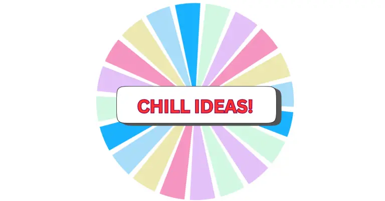 A colorful affirmations spinner wheel with pastel segments and a white central box displaying the bold red text CHILL IDEAS!.