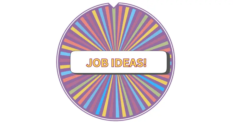 A colorful spinning wheel with multicolored segments and the words JOB IDEAS! in bold letters at the center, offering a fun way to explore different jobs.