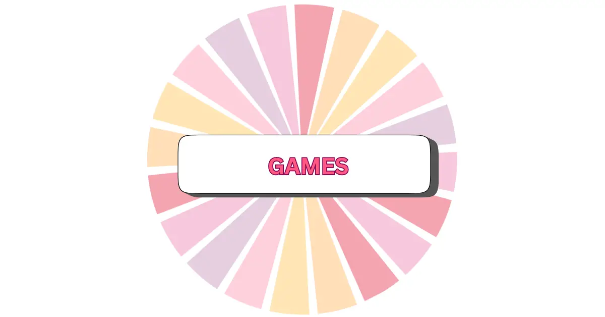 A colorful spinning wheel with alternating pastel pink, yellow, and purple segments; the center features a white rectangle with the word GAMES in bold, pink letters, inviting travel and adventure seekers to join the fun.