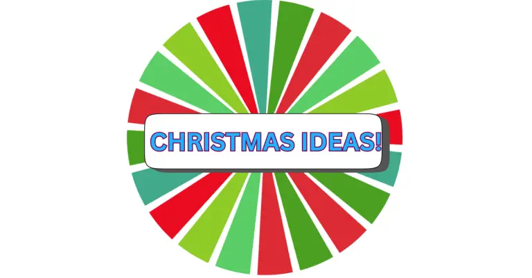 A colorful circular pattern with alternating red, green, and teal segments surrounds a white box in the center that says SPIN CHRISTMAS IDEAS! in bold, blue and red letters.