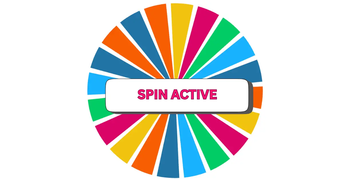 A colorful spinning wheel with alternating bright segments features a white rectangle at its center, boldly displaying SPIN ACTIVE in vibrant pink letters.