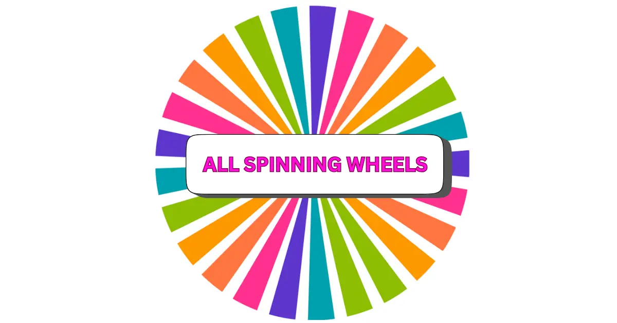 A colorful spinning wheel with alternating orange, pink, green, blue, and purple sections. In the center, a white box displays ALL SPINNING WHEELS in bold pink letters—perfect for fans of all spinners.