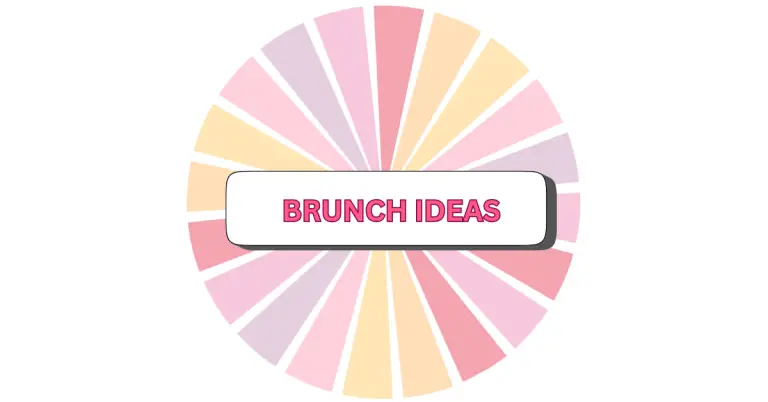 A colorful BRUNCH wheel divided into pastel pink, yellow, and lavender segments with a white rectangle in the center displaying the text BRUNCH IDEAS in bold pink letters.