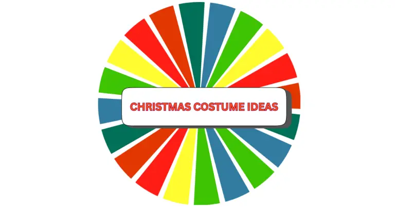 A vibrant CHRISTMAS COSTUME IDEAS wheel features red, green, yellow, and blue segments with a white center label reading CHRISTMAS COSTUME IDEAS in bold red text.