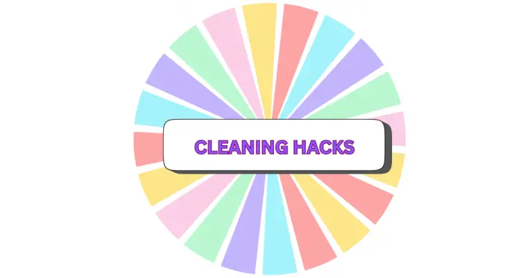 A colorful wheel with pastel segments surrounds a white rectangle in the center. The words CLEANING HACKS appear in bold purple text inside the rectangle.