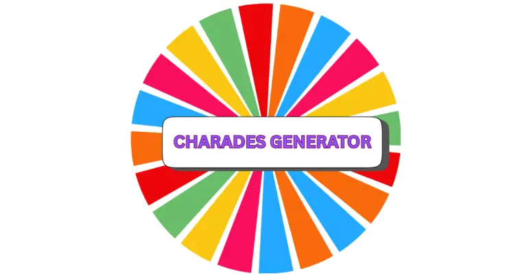 A colorful wheel with multicolored segments surrounds a white rectangle in the center that boldly displays CHARADES GENERATOR, highlighting this fun and interactive game tool.