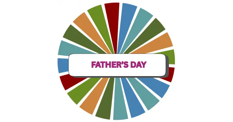 An oval-shaped graphic with colored segments in green, blue, orange, and red. In the center, a white rectangle with FATHERS DAY written in bold purple letters.