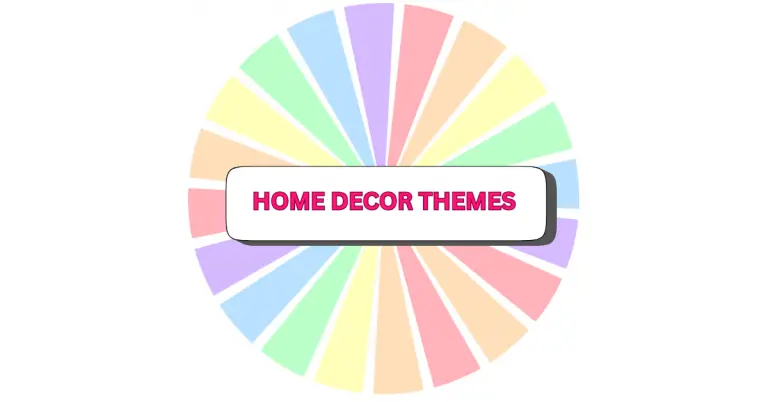 An oval-shaped color wheel with pastel segments in yellow, green, pink, blue, and purple shades, featuring a white rectangular label in the center with the words HOME DECOR THEMES in bold pink font—perfect for inspiring your next home decor project.