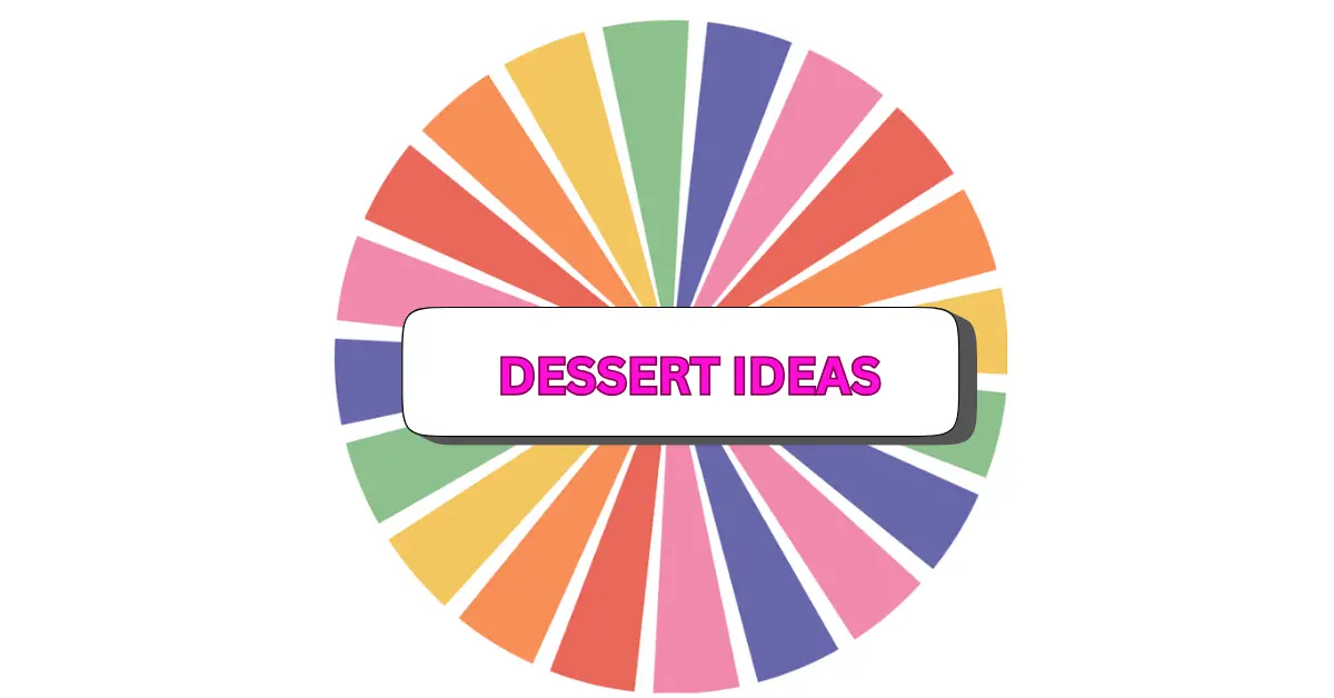 A colorful spinning wheel with various DESSERT segments and a white rectangle in the center displaying the words DESSERT IDEAS in bold pink letters.