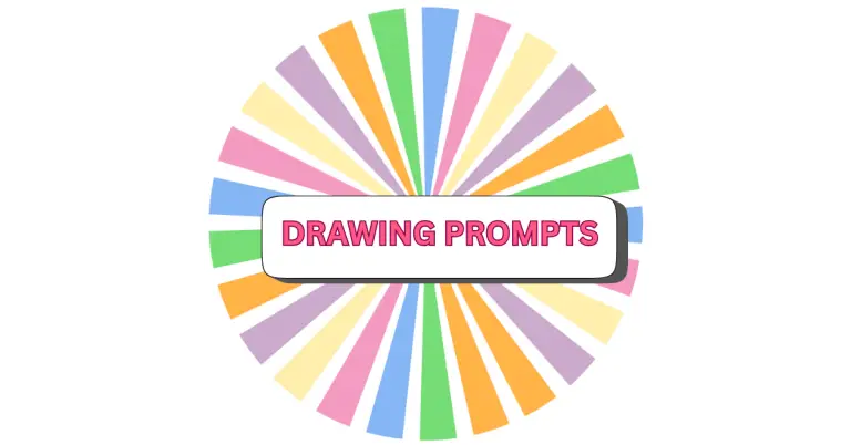 Colorful radial lines in pastel shades radiate from a central white rectangle outlined in black with a shadow. Inside, the pink text “DRAWING PROMPTS” invites creativity and inspiration for your next drawing prompts session.