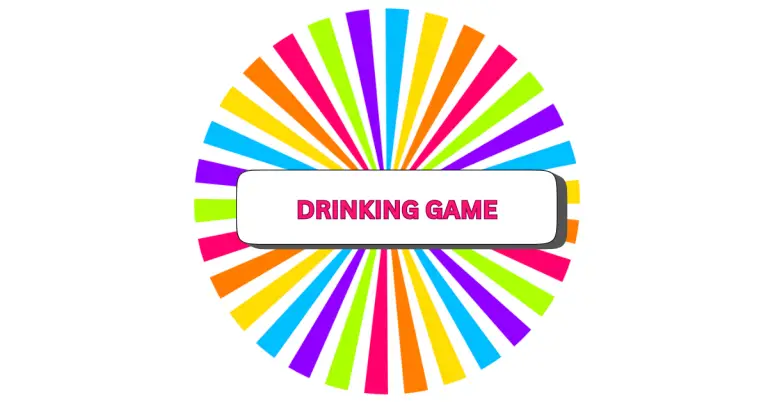 A colorful wheel with bright, multicolored segments radiates from the center, featuring a white rectangular label in bold pink letters that reads DRINKING GAME—perfect for your next drinking game night.