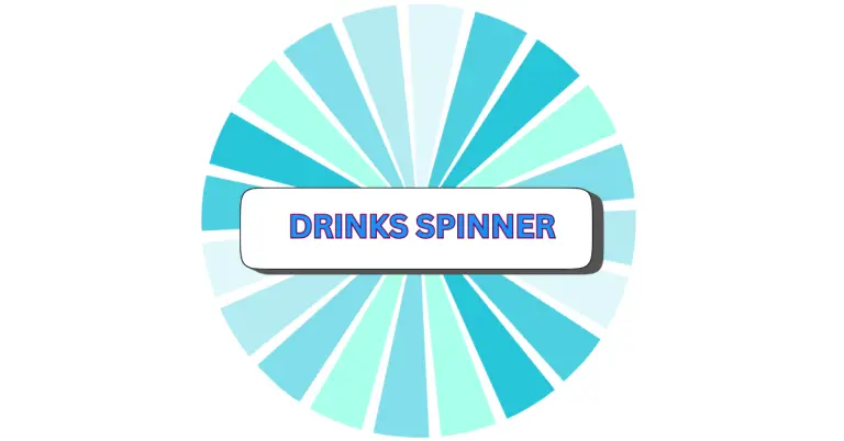 A colorful drinks spinner wheel with various shades of blue and white segments. At the center, a white rectangle with blue and red outlined text reads DRINKS SPINNER.