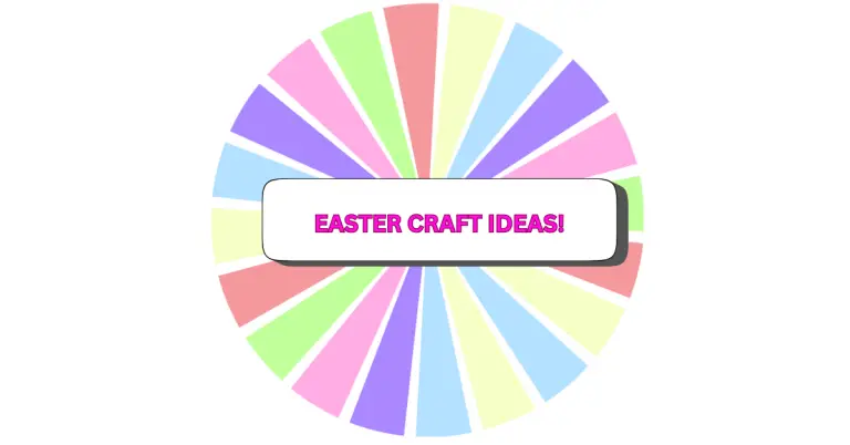 An egg-shaped graphic features pastel-colored rays and a white box in the center with pink text showcasing fun EASTER CRAFT IDEAS!.