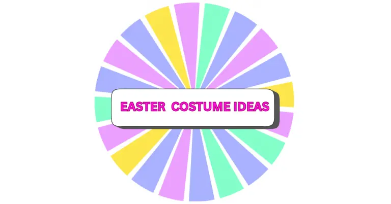 A colorful pastel wheel with alternating sections of yellow, blue, purple, pink, and green surrounds a white rectangle in the center displaying bold pink letters that read fun Easter costume ideas.