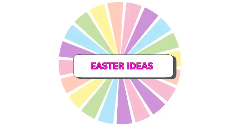 A colorful EASTER wheel with pastel sections radiates outward. In the center, a white rectangle with a shadow contains the bold, pink text EASTER IDEAS.
