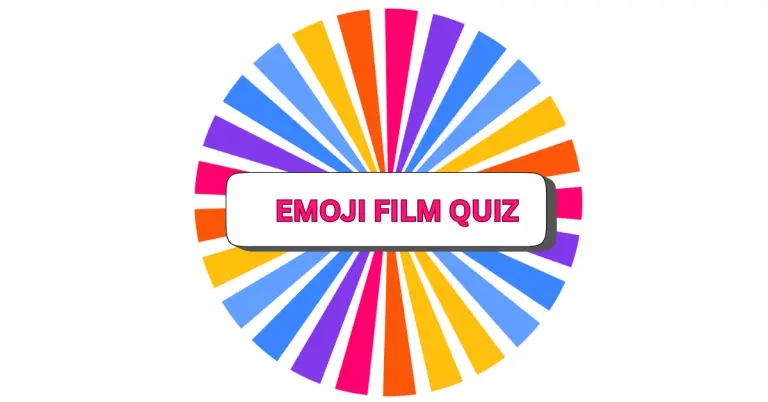 Circular design with colorful blue, purple, orange, red, and pink rays radiating outward, centered with a white box featuring bold pink EMOJI FILM QUIZ text—perfect for testing your emoji film quiz knowledge!.