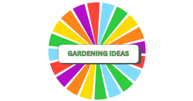A colorful, oval-shaped graphic with alternating rainbow segments and a white rectangle in the center displaying the words “GARDENING IDEAS” in green, stylized text.