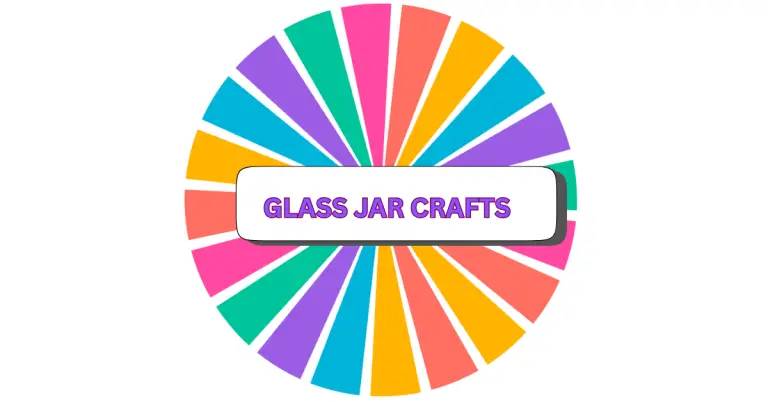 A colorful circular design with alternating sections of teal, pink, orange, green, and purple. In the center, a white rectangle reads GLASS JAR CRAFTS in bold purple letters with a shadow effect.