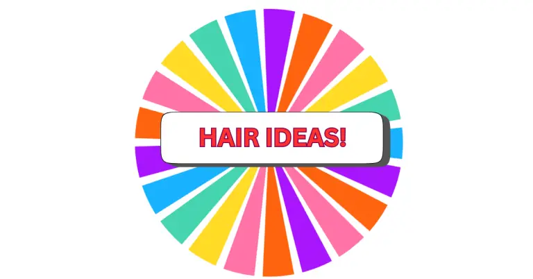 A colorful wheel with bright segments—blue, pink, yellow, orange, red, and purple. In the center, a white box displays HAIR IDEAS! in bold red letters—perfect for discovering fun new HAIR STYLES.
