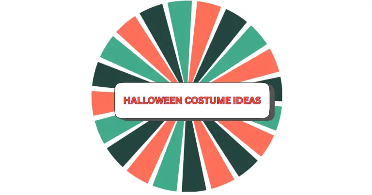 A circular spinner with alternating dark green, red, and light green segments. In the center, a white rectangle displays halloween costume ideas in bold red text.