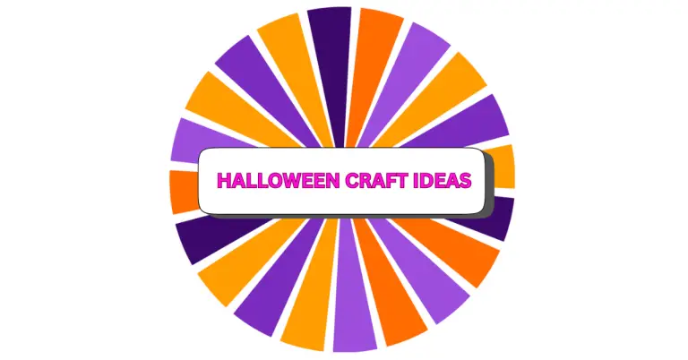 A circular design with alternating orange and purple rays. In the center, a white rectangle with a pink border contains the text “HALLOWEEN CRAFT IDEAS” in bold pink letters, perfect for inspiring your next halloween crafts project.