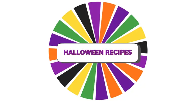 A colorful oval with alternating wedges of purple, orange, yellow, green, and black. In the center, a white rectangle with purple text reads “HALLOWEEN RECIPES.”.