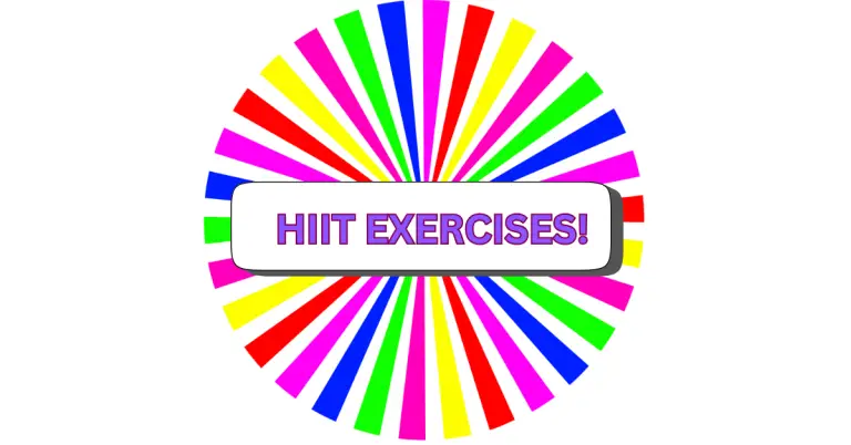 A circular burst of colorful rays surrounds a white rectangle with the bold, purple-outlined text HIIT EXERCISES! in the center, capturing the energy and excitement of dynamic HIIT exercises with vibrant pink, blue, green, red, and yellow rays.