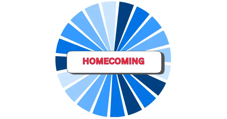 A circular graphic with alternating light and dark blue segments and a white rectangle in the center displaying the word HOMECOMING in bold red letters, symbolizing homecoming festivities.