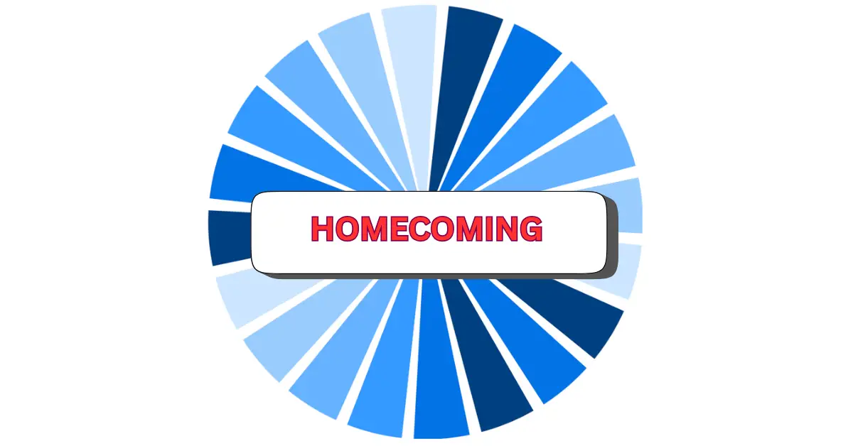A circular graphic with alternating light and dark blue segments and a white rectangle in the center displaying the word HOMECOMING in bold red letters, symbolizing homecoming festivities.