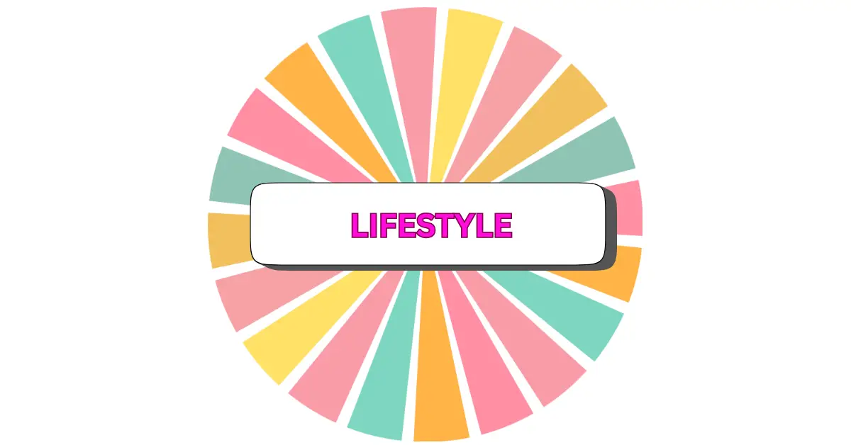 A colorful circular design with pastel pink, yellow, and teal segments radiating outward. In the center, a white rectangle features LIFESTYLE in bold pink letters, capturing a vibrant and modern look.