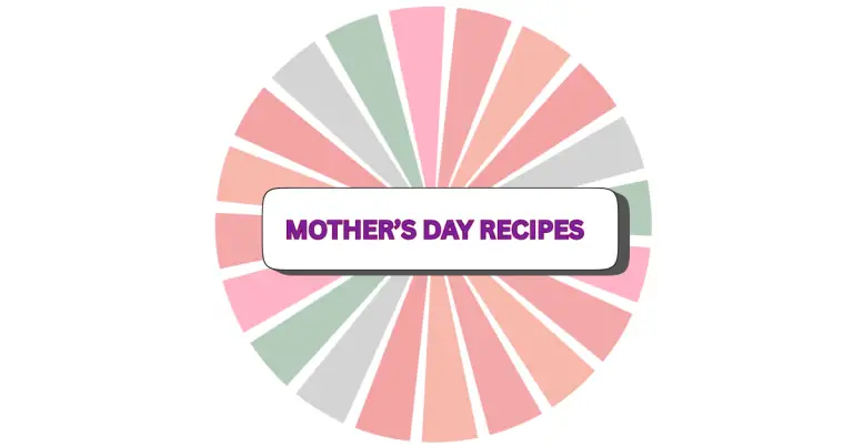 A circular pastel-colored graphic with alternating pink, green, and gray segments, featuring a white rectangle in the center that says Mothers Day Recipes in bold purple letters.