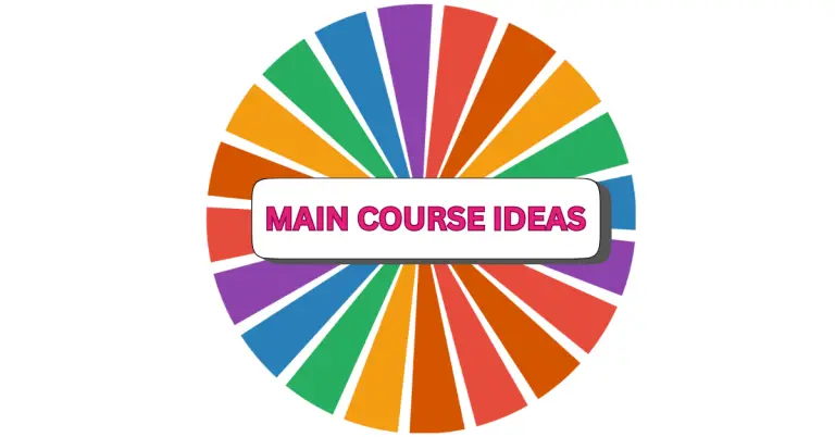 A colorful wheel divided into multiple segments with the text MAIN COURSE IDEAS in bold pink letters inside a white rectangle at the center, highlighting delicious main course inspiration.