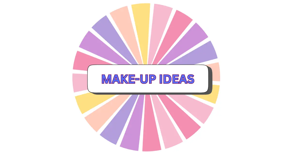 A circular graphic with alternating pastel pink, purple, yellow, and peach segments. In the center, a white rectangle with the bold blue text MAKE-UP IDEAS outlined in red.