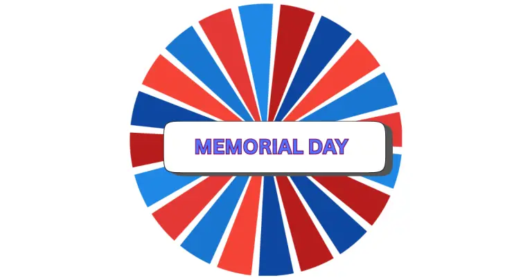 An oval-shaped Memorial Day graphic with alternating red, blue, and light blue rays, featuring a central white rectangle outlined in gray that says MEMORIAL DAY in bold purple and blue letters.