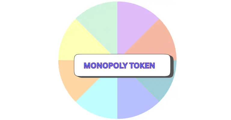 A pie chart divided into six pastel-colored segments with a white box in the center displaying the text MONOPOLY TOKEN in blue and purple letters.