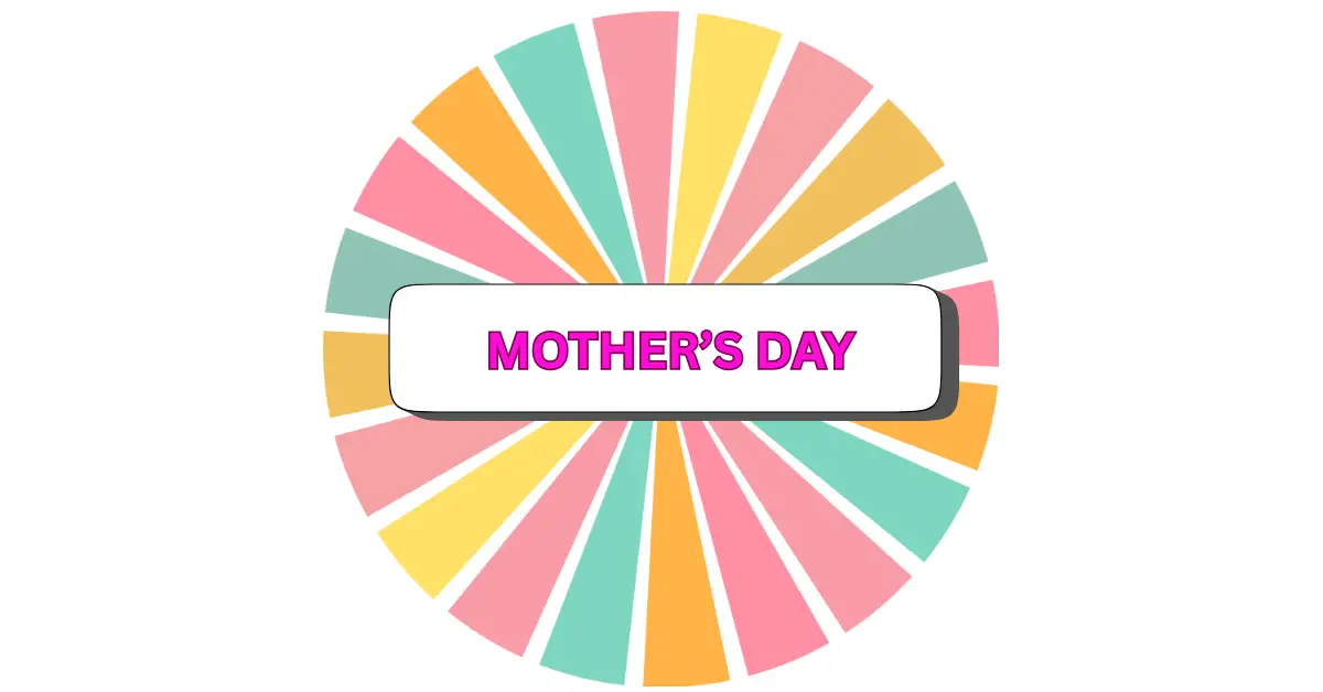 An oval with pastel-colored rays in yellow, pink, peach, and teal radiates from the center. In the middle, a white rectangular box displays MOTHERS DAY in bold pink letters for a festive Mothers Day celebration.