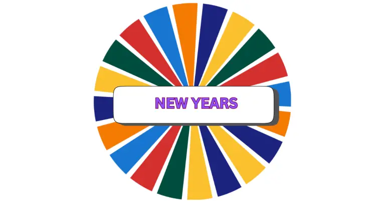 A colorful circular wheel with alternating blue, green, red, orange, and yellow segments celebrates New Years. In the center, a white rectangle with a shadow displays the words NEW YEARS in purple text.