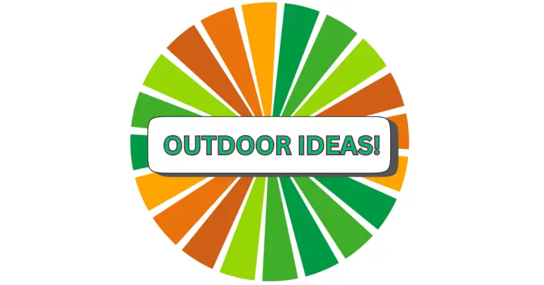 An oval shape with orange, green, and yellow segments radiating from the center captures an energetic outdoor vibe. In the middle, a white rectangle displays OUTDOOR IDEAS! in bold, colorful letters.