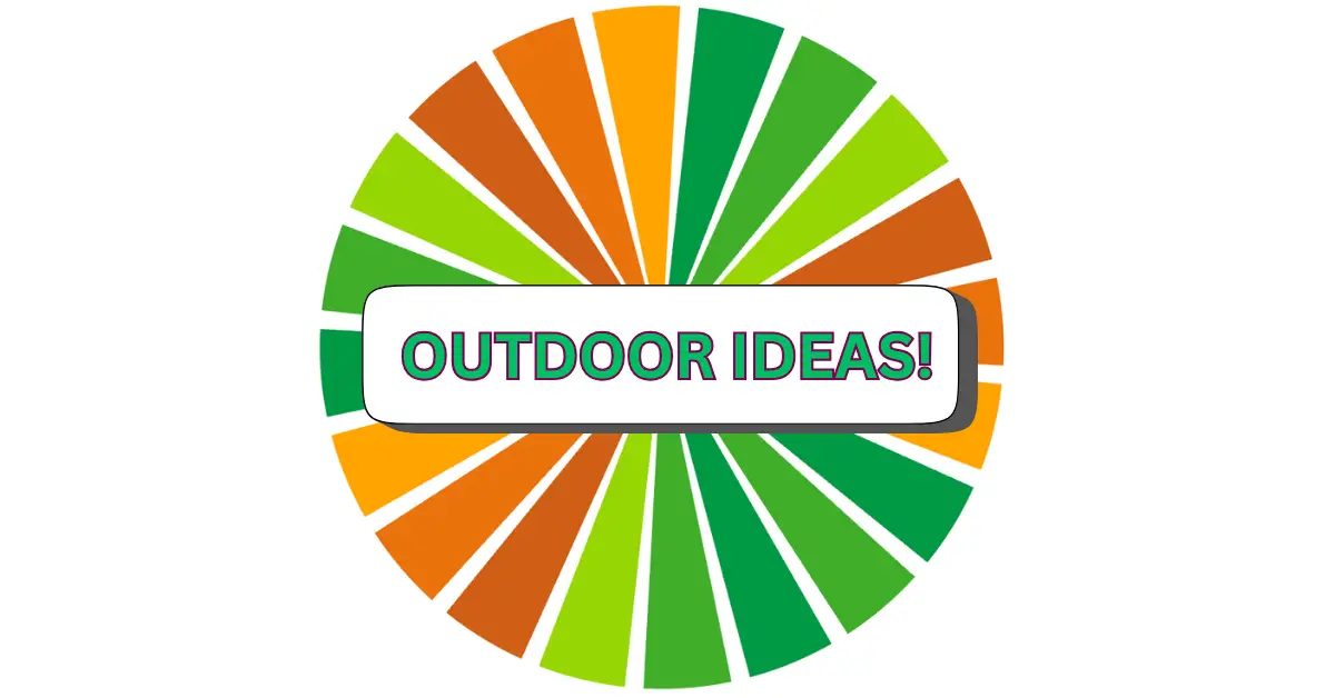 An oval shape with orange, green, and yellow segments radiating from the center captures an energetic outdoor vibe. In the middle, a white rectangle displays OUTDOOR IDEAS! in bold, colorful letters.