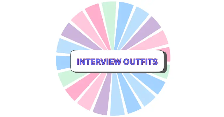 A pastel-colored sunburst pattern with a central white rectangle containing the words INTERVIEW OUTFITS in bold, purple-bordered text.