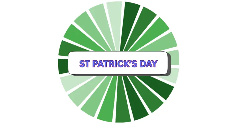 An oval with alternating light and dark green segments radiates from the center. In the middle, a white rectangle features bold ST PATRICKS DAY text in blue and purple, outlined in green for a festive touch.
