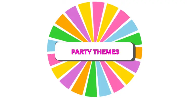A colorful wheel with alternating yellow, green, orange, pink, purple, and blue sections and a white center label that reads Party Themes in bold pink text.